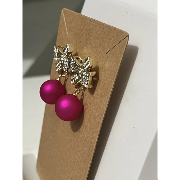 NWOT Dangle Earrings Rhinestone Bows Gold Accent With Hot Pink Ball Stud - Picture 5 of 7